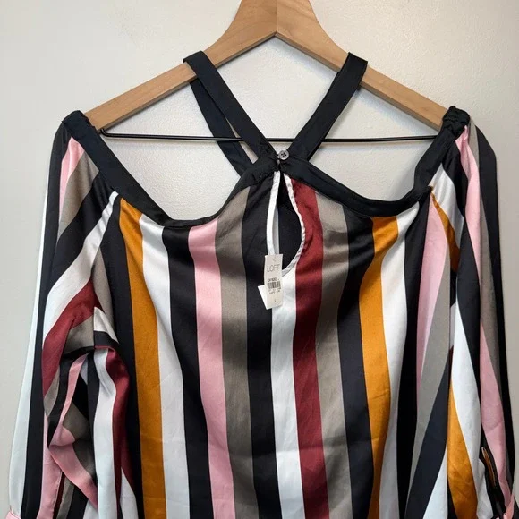 LOFT Women's Striped Cold Shoulder Blouse Satin Halter Neck Top Size Large NWT - Picture 9 of 9